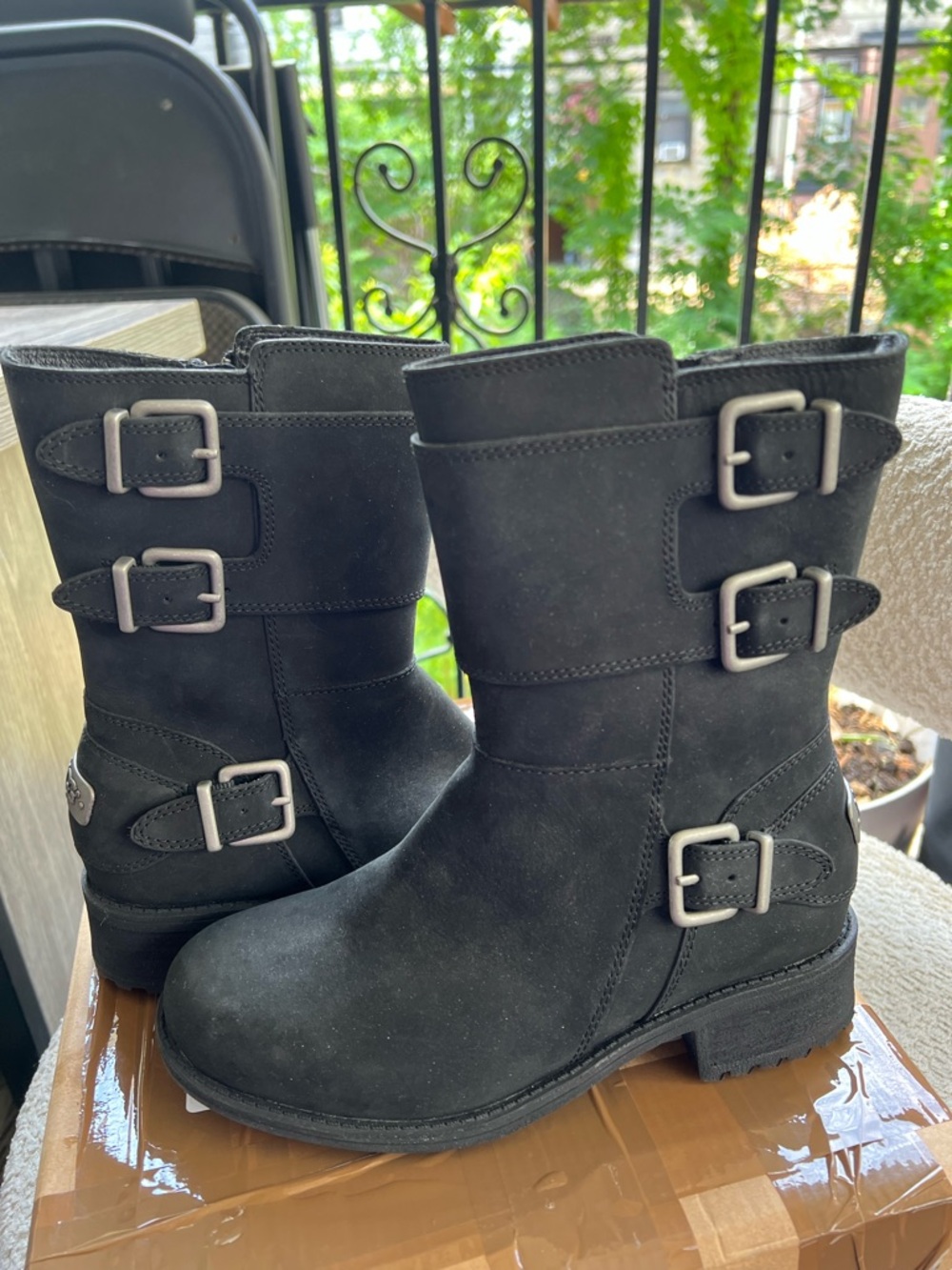UGG Kids Black Suede Buckle Mid-Calf Boots